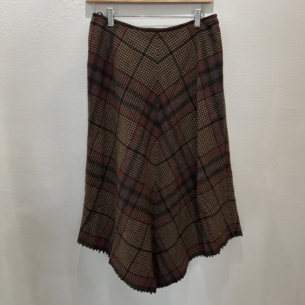 Ralph Lauren Vintage Chic Brown Houndstooth Plaid Wool Fringe Hem Midi Skirt 6